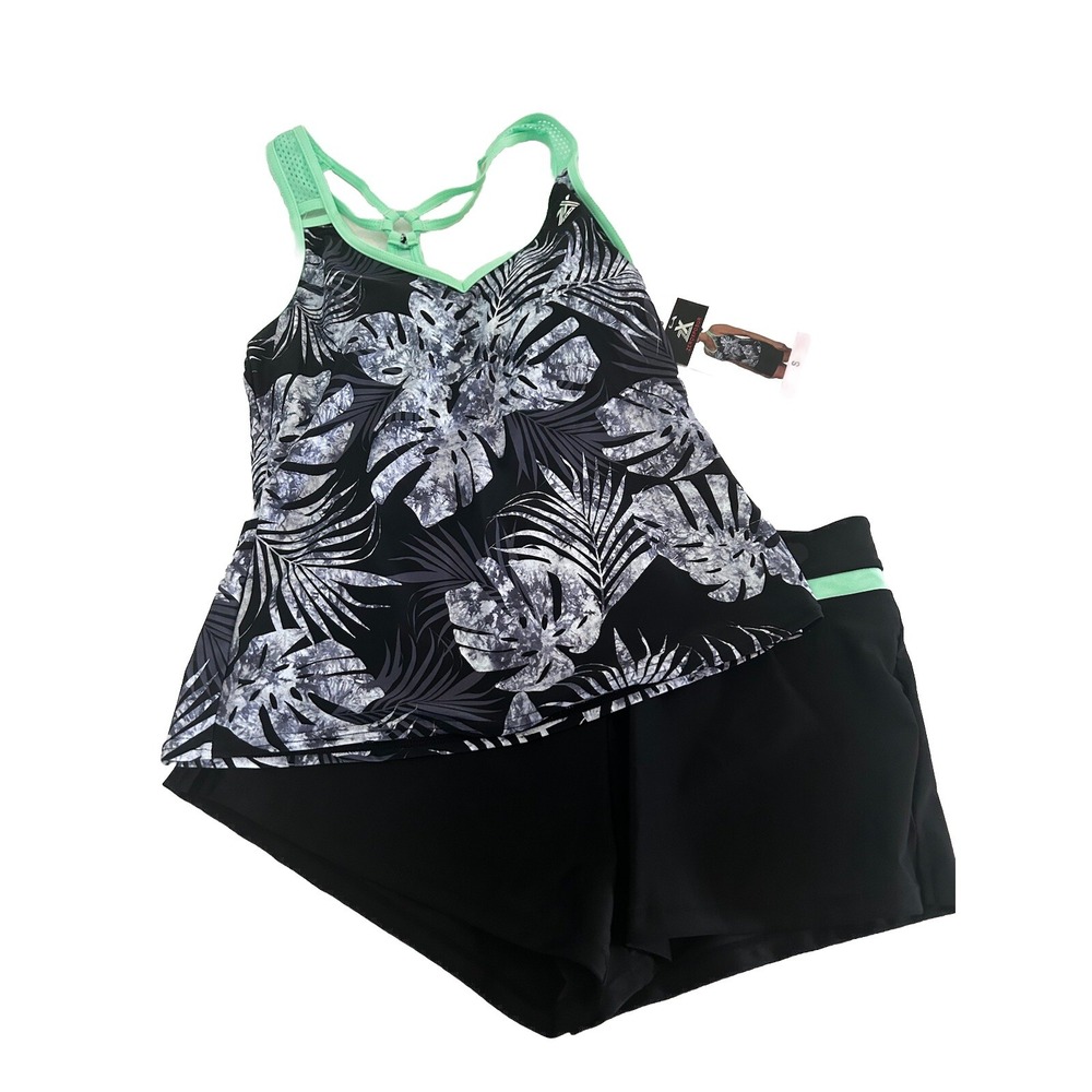 ZeroXposur Ladies Racerback Action Tankini &‎ Swim Short Black Green White New S